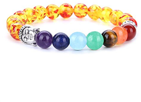 LWJUWOKL Naturstein Armband Damen, Natürlicher Edelstein 7 Chakra-Armbänder Blume Bernstein Buddha-Kopf Energie Reiki Yoga Armband Mala Meditation Perlenarmband Für Frauen Männer