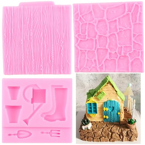 RFGHAC Gardening Tools Kettle Flower Pot Rain Boots Silicone Moulds Stone Texture Fondant Moulds Tree Bark Texture Impression Mat for Cake Decorating Chocolate Gum Paste Candy Polymer Clay Set of 3