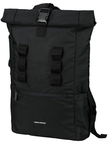 URBAN ZWEIRAD - Nachhaltiger Rolltop Rucksack Schwarz aus PET-Flaschen - Wasserabweisender Rolltop Rucksack Damen & Herren - Rollrucksack perfekt für Arbeit, Reisen, Sport & Alltag (schwarz)
