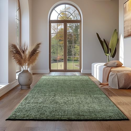 Teppium Baumwolle Chenille Teppich Grün 120x170 cm Waschbar, Boho-Stil, Vintage Kelim, Kurzflor, rutschfest & Weich, Einfarbig Meliert, Für Wohnzimmer, Schlafzimmer, Büro & Küche