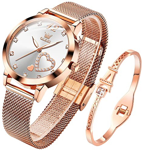 OLEVS Damenuhr Roségold mit Herz Diamant Grün Gesicht Armbanduhr wasserdicht Armreif Armband Set Armbanduhren für Damen