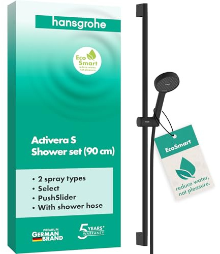 hansgrohe Activera Select S - Duschset mit Duschkopf wassersparend (EcoSmart, 2 Strahlarten), Duschschlauch (1,60 m) und Duschstange (0,90 m), Mattschwarz, 28046670