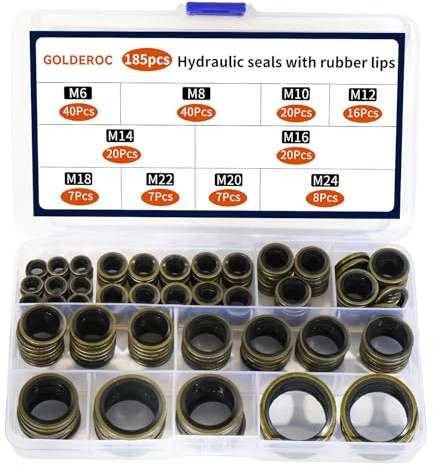 GOLDEROC 185-Piece Bonded Sealing Washer Kit with rubber lip, 10 Sizes Metal Rubber Sealing Rings (Ø 6–24 mm), Crush Washer - for vehicle/machine Maintenance
