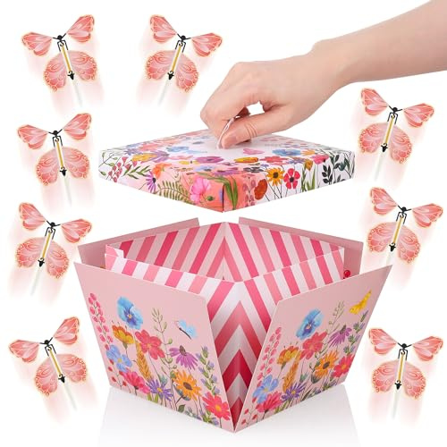 JIANTA Caja sorpresa con mariposas, 15 x 15 x 12,5 cm Caja explosión, caja regalo de cumpleaños con 8 mariposas, rosa Idea regalo pareja boda novia