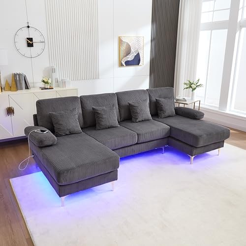 OKMYHOME Ecksofa, modular, 4-Sitzer, moderner Stil, mit LED-Beleuchtung und USB-C-Anschluss – 4 Kissen inklusive – Samt – Grau