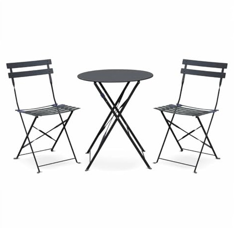 PALUPLUS Set da Bistrot 3 Pezzi, Tavolo TONDO Pieghevole 60x71 cm, 2 Sedie in Metallo 41x46x90 cm, per Balcone e Giardino, Design Retrò e Salvaspazio -7155F-15,8 (Grigio Antracite)
