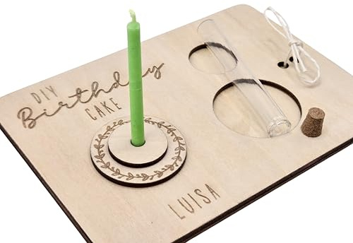 DIY Geburtstagskuchen aus Holz – personalisierte Mini Geburtstagskarte mit Kerze & Reagenzglas – nachhaltiges Geschenk für Kinder, Freunde & Kollegen