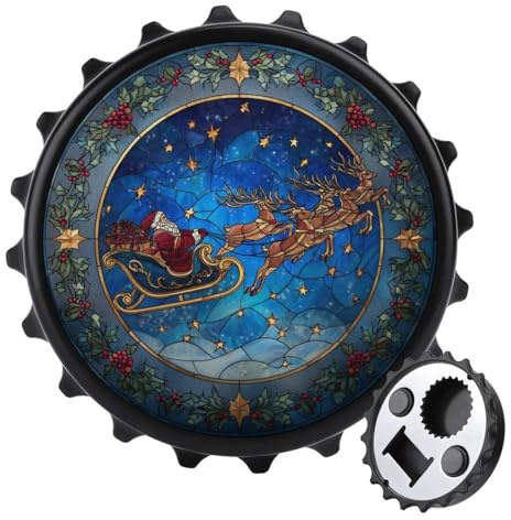 Abridor de botellas de vidrio de Papá Noel en su trineo redondo con imanes para nevera, bebidas, cerveza, abrebotellas magnético para nevera, cocina, oficina