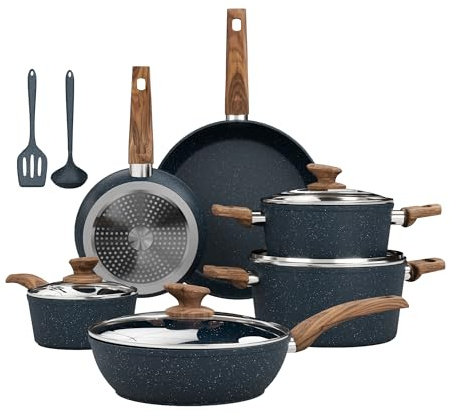 Kitchen Academy 12-teiliges blaues Granit Antihaft-Kochset für Induktion, PFOA/PFOS-frei, inkl. Bratpfannen & Töpfe, für alle Herdarten (Ceran, Gas, Elektro)