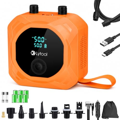 Lytool Pompa SUP Elettrica 50 PSI Alta Pressione, Gonfiatore Paddle 12VDC, Gonfiaggio e Sgonfiaggio Automatico a 3 Stadi, Arresto Automatico, Cavo Accendisigari 3M per Kayak,Materasso,Bici, Moto, Auto