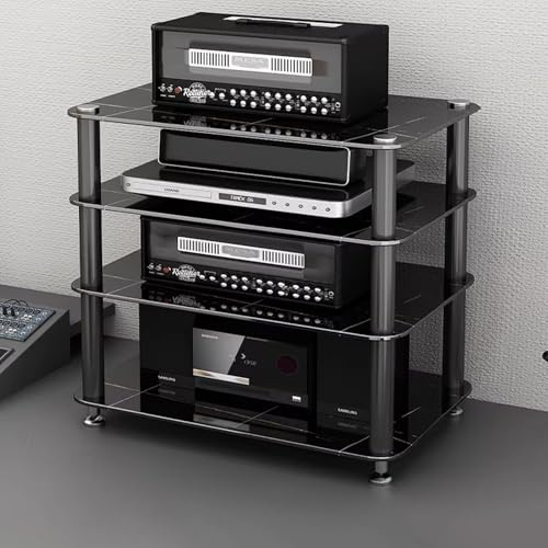 Mobile Stereo Rack HiFi, Mobile Porta Giradischi in Vetro con Ripiani, Mobile Angolare per Impianto Stereo, Centro di Intrattenimento con Ripiani(Black,Fourth floor)