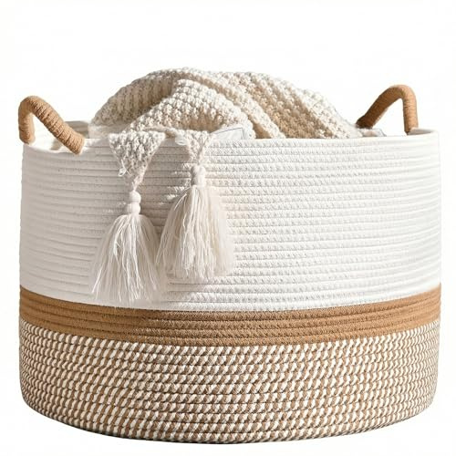 Large Storage Basket - 50 x 35 CM Cotton Rope Laundry Basket Toy Basket with Handle, Toy Storage Basket for Kids, Baby Woven Laundry Hamper, Blanket Basket for Living Room Nursery, White+Brown
