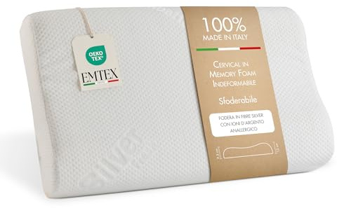 EMTEX Cuscino Cervicale Anallergico Memory Foam Sfoderabile Guanciale Silver Antibatterico Antiacaro Supporto Anatomico Made in Italy.