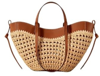 ALMLEU Basttaschen Damen Ausgehöhlte Alltagstasche aus Raffiabast und PU-Leder, leichte, handgefertigte große Strohtasche for Damen-Strandtaschen
