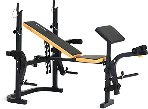 SportPlus Klappbare Hantelbank, Langhantelablage, Butterflyarme, Beincurler, Curlpult, optional mit Latzug, verstellbare Rückenlehne, Nutzergewicht bis 100 kg