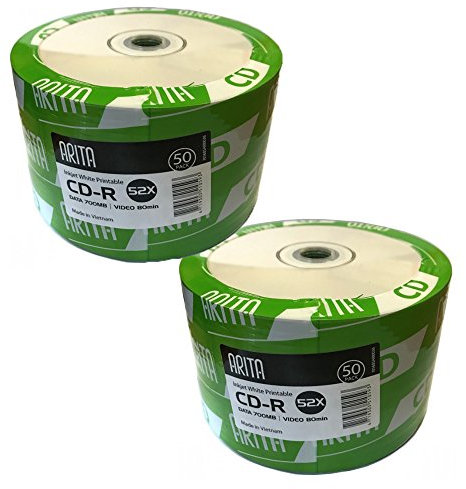 100 Genuine Arita Ritek Full Face White Inkjet Printable Blank CD CD-R Discs 52x 700MB 80 minutes Shrinkwrap By Natureinks