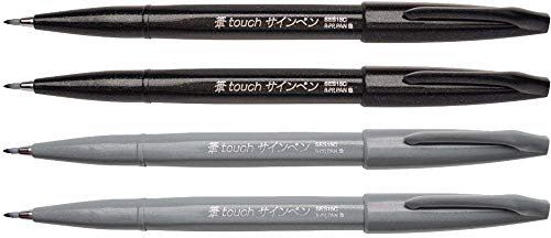 Pentel Sign Pen Brush Touch 4er Set, Lettring, 2x schwarz + 2x grau (Schattierungen) Faserschreiber mit pinselähnlicher Spitze
