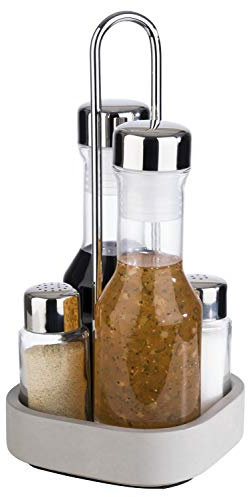 APS Menage-Set „Element“ – Premium Trage für Pfeffer- und Salzstreuer, sowie Essig und Öl mit Betonständer inkl. Glasbehälter mit Edelstahl-Deckeln und Drehverschluss