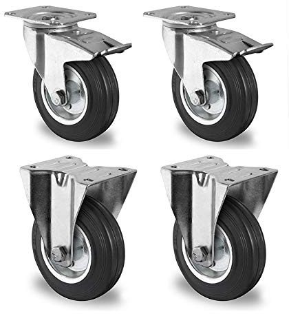 Rollensatz 2 Lenkrollen mit Feststeller + 2 Bockrollen 250 mm Vollgummi schwarz mit Stahlfelge