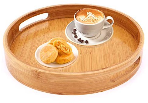 Vassoio da portata in bambù, vassoio da portata rotondo con manici, vassoio da pranzo per colazione vassoio da portata per caffè vino caffè tè frutta pasti (24X24cm)