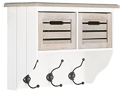 Woodkings® Wandregal Russel Holz weiß mit Ablage Schubladen mit Lamellen und Haken Wandboard Badmöbel Flurmöbel Regal Landhaus Vintage