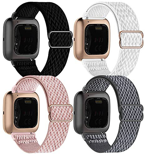 Fengyiyuda 4 x Nylon-Armband, kompatibel mit Fitbit Versa 2/Versa/Versa Lite/Versa SE, für Damen und Herren, elastisches Sportarmband, Schwarz/Weiß/Rosa/Storm Gray