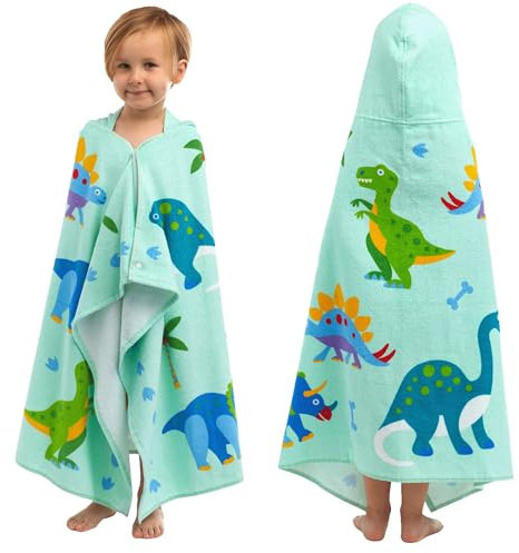 Wildkin Kids Hooded Beach Towel – 100% Cotton, Snap Front for Bath, Pool & Beach - Dinosaur Land