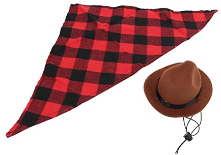 Pssopp Hund Cowboyhut und Schal, Cat Cowboyhut Dreieckiger Schal 2 Stück Polyestermaterial für Cowboyhut verkleiden Sich für Urlaubsrequisiten + rot