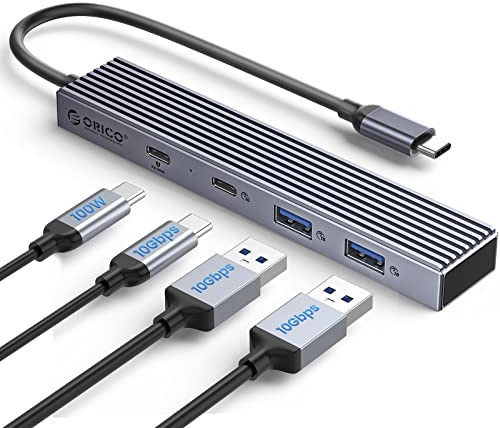 ORICO Mini Adaptador USB C 4 en 1, Hub 3.2 Gen2 10Gbps Tipo C Divisor Con 1 USB C, 2 USB A, Carga PD de 100W para PC, Laptop, Surface Pro, MacBook y más Dispositivos Tipo C