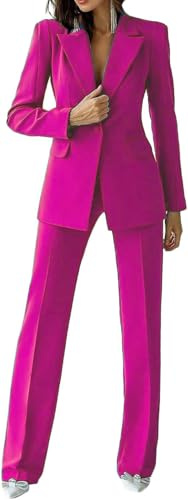 Traje de 2 piezas para mujer, conjunto de pantalones de negocios, trajes formales de oficina, trajes de mujer con solapa de pico para el trabajo profesional, fucsia, S