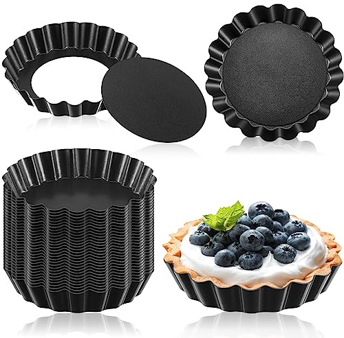 Uiifan 32 Pcs Mini Tart Pans Egg Tart Molds with Removable Bottom Round Nonstick Quiche Pan Mini Pie Pans Small Bakeware Mold Fluted Side for Mousse Cake Dessert Baking(3 Inch,Black Gray)