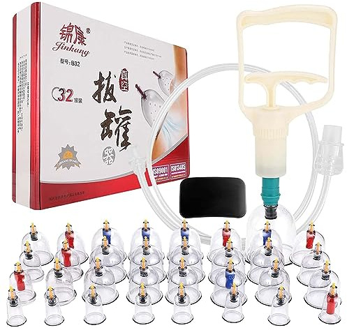 Cup Kit Ventouse Chinoise Coffret Complet De 32 Ventouses En Verre Solide Avec Pierre De Massage Soulage Douleurs Dos Massage Chinois Ensemble De Caleuse Médicale Acupuncture D'aspiration