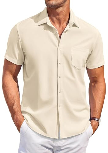 COOFANDY Short Sleeve Shirt for Men Regular Fit Non Iron Dress Shirts Wedding Shirt Beach Casual Summer Shirts Beige L