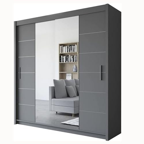 Deco Sliding Double Door Wardrobe 2 Mirrors Hanging Rails Shelves Storage Cabinet Bedroom Furniture (Grey, 203cm)