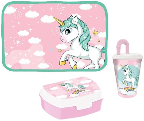 Set Porta Merenda UNICORNO Bambina, Unicorno, Lunch Box Porta Pranzo portamerenda, Bicchiere con Cannuccia Plastica Riutilizzabile, Tovaglietta colazione in Tessuto Americana, Scuola Asilo, Rosa