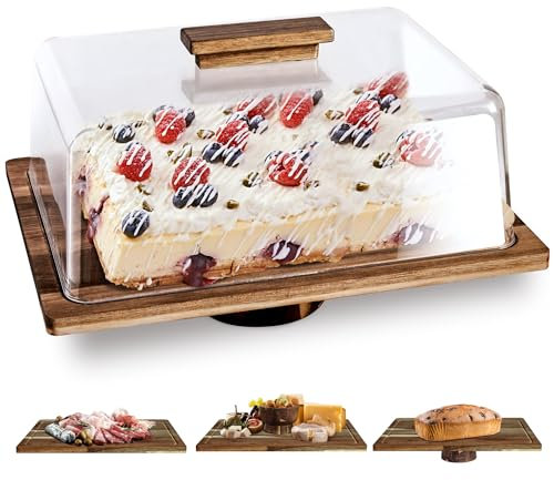 NWK 3-in-1 Cake Stand with Lid Rustic Acacia Wooden Cake Plate with Pedestal, Food serving Platter, Cheese Board, Acrylic Cover Shatterproof (Rectangular)