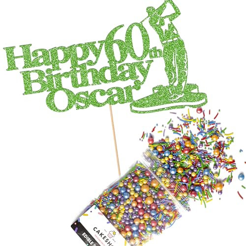 Cakeshop Cake Decoration Pack | Golf Theme Birthday Premium Double Sided Glitter Card Cake Topper & 25g Party Pack of Cake Sugar Sprinkles | Custom Name & Age Cake Decorations (Green)
