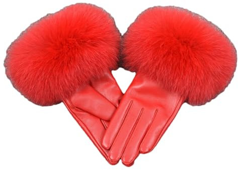 Damen Lederhandschuh Winter Warm Schaffell Handschuhe Mode Thermo Gefüttert Fahren Handschuhe, rot, S (Palm Size 17cm)