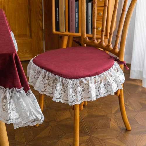 FAANAS Spitze gekräuselt Esszimmer Stuhl Kissen, Esszimmer Küche Büro Stuhl Sitzkissen mit Bändern, Vintage Bauernhaus Landhaus Stuhlkissen, Red