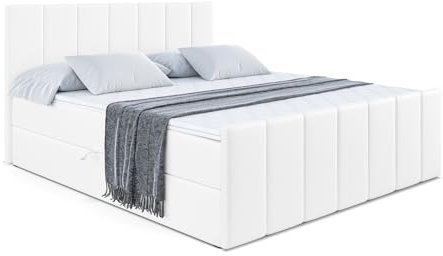ALTDECOR Boxspringbett mit Matratze und Lattenrost, Boxbett, Topper, Fußteil, Polsterbett mit Bettkasten, Bett mit Stauraum H3-Matratze, Springboxbett - MOETI-Z - 120x200 - Weiß Kunstleder