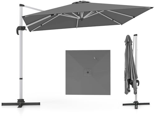 COSTWAY Sonnenschirm rechteckig 300 x 300 cm, großer Ampelschirm mit Kurbel, Gartenschirm neigbar, 360° drehbar, Terrassenschirm, Marktschirm für Garten, Terrasse, Balkon (Grau)