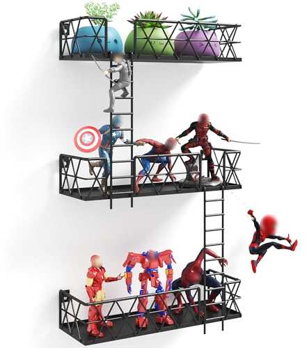 LUDOUR Fire Escape Wandregal – 3-stöckiges Feuerleiter-Wandregal, 41,5 cm lang, New York Metall-dekoratives Regal für Actionfiguren-Display, schwarze schwebende Wandregale für Schlafzimmer,