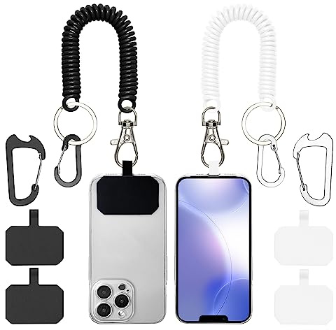 Mezrkuwr Pack of 2 Spring Cord Straps for Mobile Phones, Anti-Theft Mobile Phone Strap with Carabiner, Fits Most Phones (Black+White)