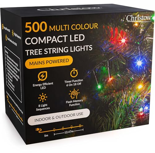 CHRISTOW Christmas Tree Lights, 500 LEDs, Multi-Coloured, Fits 5ft Trees | 12.47m Lit Length, Energy Efficient 3mm LEDs, 2.5cm Bulb Spacing, 8 Flash Modes with Memory, Timer Function, Mains Powered
