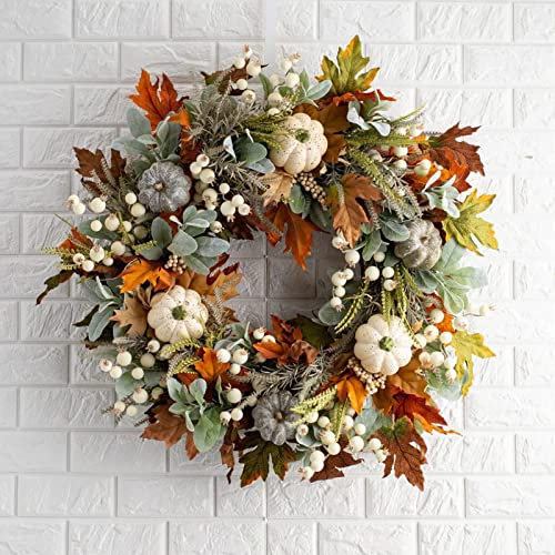 FOUDAY Fall Wreath for Front Door, 45cm/17.7in Autumn Wreath with Maple Leaf,Pumpkins and Berries,White Artificial Pumpkins Wreath, Thanksgiving Wreaths,Maple Leaf Wreath for Window Wall Decor