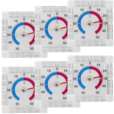 Transparent Selbstklebend Analog Fensterthermometer: 6 Stück Wetterfest Außenthermometer, 7.6x7.6cm Fensterscheibe Temperaturanzeige, Fenster Thermometer mit klebe, Zweifarbiger Skala