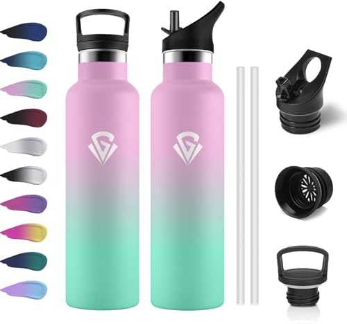 Gourde Isotherme 750ml, Bouteille Reutilisable, Gourde Inox avec Paille, sans BPA, Anti-Fuite, Bouteille Isotherme en Acier Inoxydable pour l'École, Bureau, Extérieur, Camping, Cyclisme, Voyage