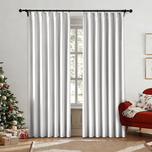 FAPLIGLISY Pinch Pleated Blackout Curtains, Pinch Pleat with Back Tab Top Curtains for Bedroom, Linen Strip Textured Weave with Hooks Drapes for Living Room, 40 Width 84 Inch Long 2 Panel, White