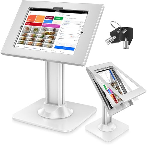 AboveTEK Anti-Diebstahl iPad Kiosk Stand, POS iPad Sicherheitsständer, Aluminium Tablet Halter mit Verriegelung, 360° Drehung & 75° Neigung, Tischmontage für Gewerbliche Nutzung(Weiß)