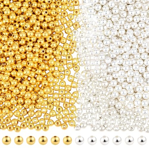 PONABEADIY 1 scatola Da 1200 pezzi Da 6mm Placcati Oro e Argento CCB Perline di Plastica con Fori Distanziatori Rotondi Lucidi Sfere Lisce Piccole Perline Sfuse per La Creazione di Gioielli Braccialet